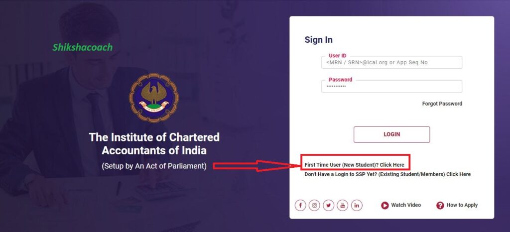 new user registration on icai ssp portal